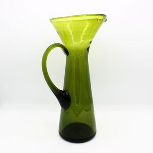 Vintage Hand Blown MCM Olive Green Bischoff Hourglass Cocktail Pitcher 12" Tall